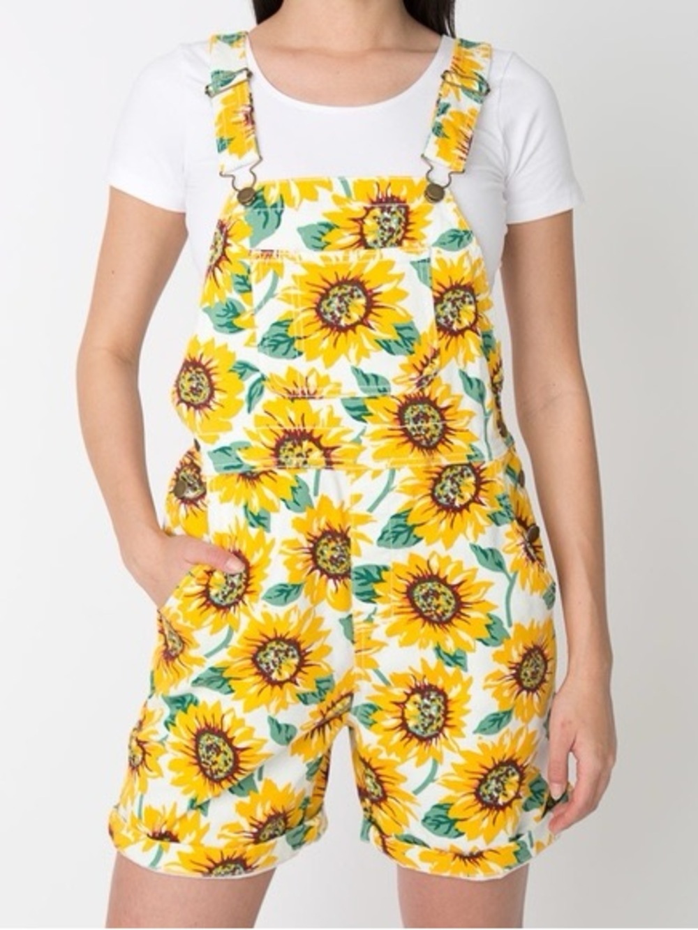 American Apparel Style Sunflower Overalls Yellow/White/Brown/Green S